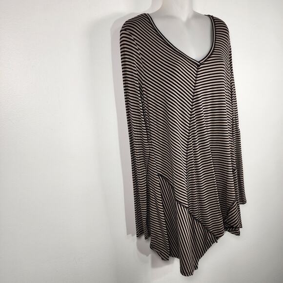 LOGO by Lori Goldstein Womens Striped Knit V Neck Top Asymmetric Hem Large Black - Picture 4 of 9
